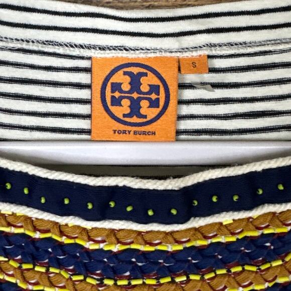 Tory Burch Striped Bateau Neck Short Sleeve Embroidered Beading Top SZ Small - Picture 4 of 9